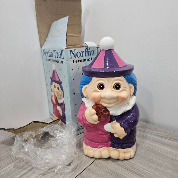VTG 1992 Thomas DAM Norfin Clown Troll 12" Glazed Ceramic Cookie Jar OPEN BOX - Picture 1 of 8